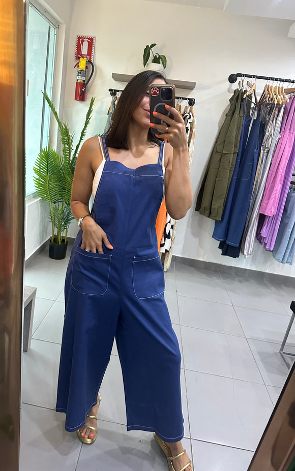 Navy Overall White Pockets